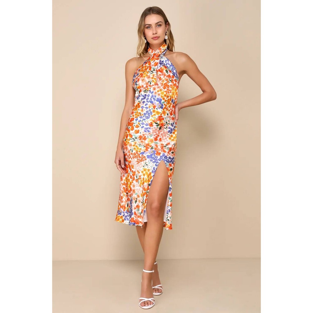 Lulus Bold Presence Orange Multi Floral Satin‎ Halter Midi Dress Size XS